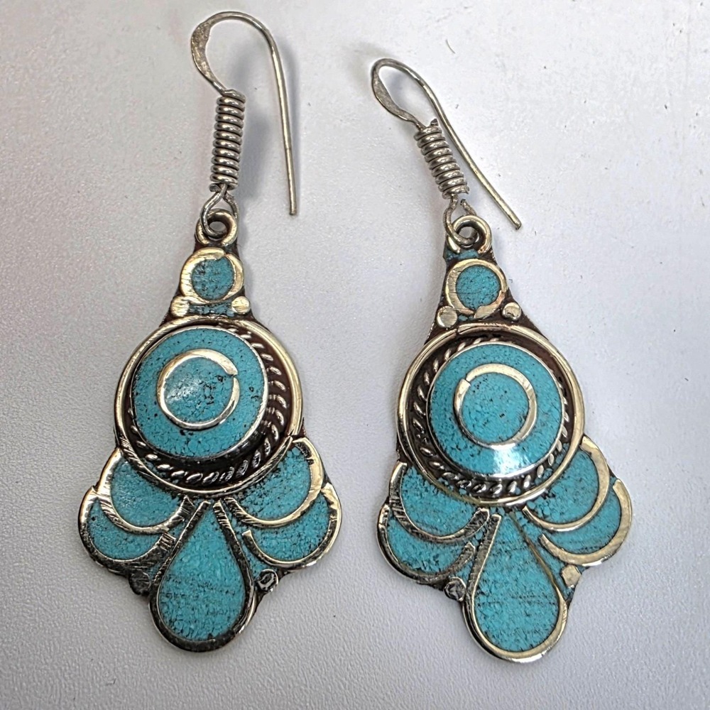 Tibetan Handmade Dangle Earrings In Turquoise Gemstones Boho Style - Picture 2 of 6